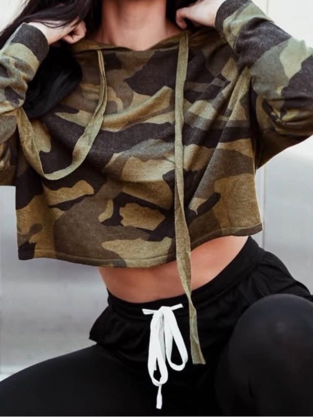 Olivaceous Olive Camo Crop Hoodie with Black Athletic Drawstring Shorts